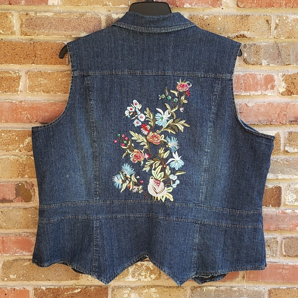 NY Collection 2X Blue Jean/Denim Embroidered Vest